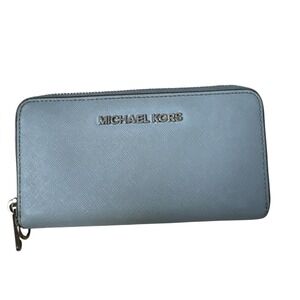 Michael Kors Zip Around Wallet Continental Timeless Saffiano Pale Blue Preowned